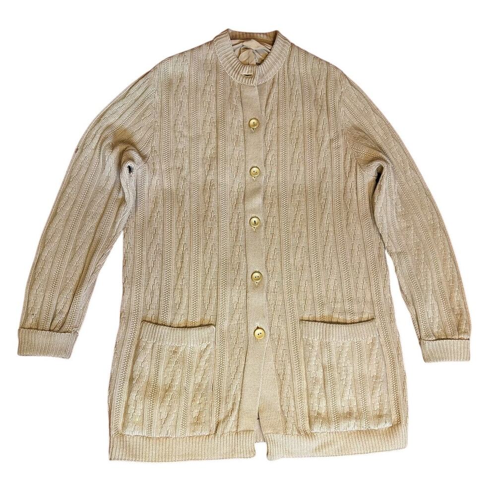 Vintage Women's Cableknit Cardigan Size LARGE Button Up Ribbed Knit Pocket